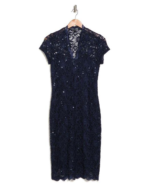Marina Blue Sequin Lace Cap Sleeve Sheath Dress