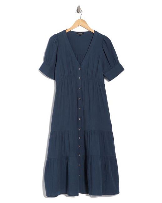 Madewell Blue Lightspun Tiered Button Front Midi Dress