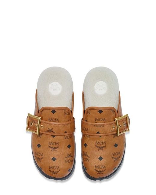 MCM Brown Monogram Genuine Shearling Lined Mule for men