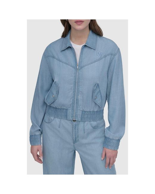 DKNY Blue Front Zip Chambray Bomber