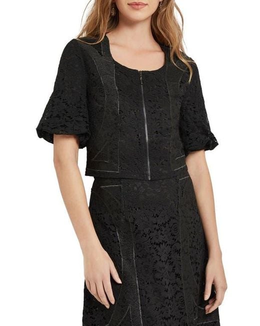 Misook Black Lace Front Zip Top