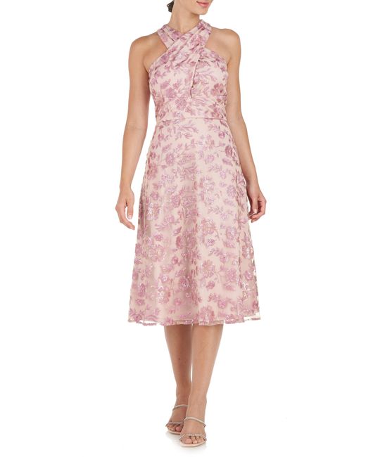 JS Collections Pink Amy Sequin Floral Halter Neck Cocktail Midi Dress
