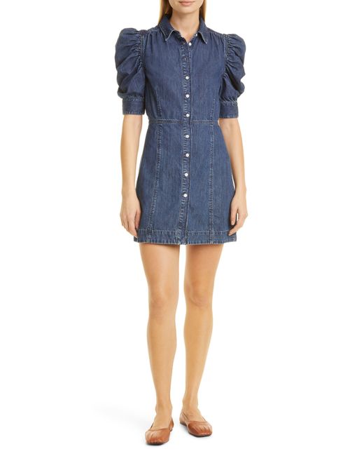 FRAME Gillian Puff Sleeve Denim Minidress in Blue Lyst