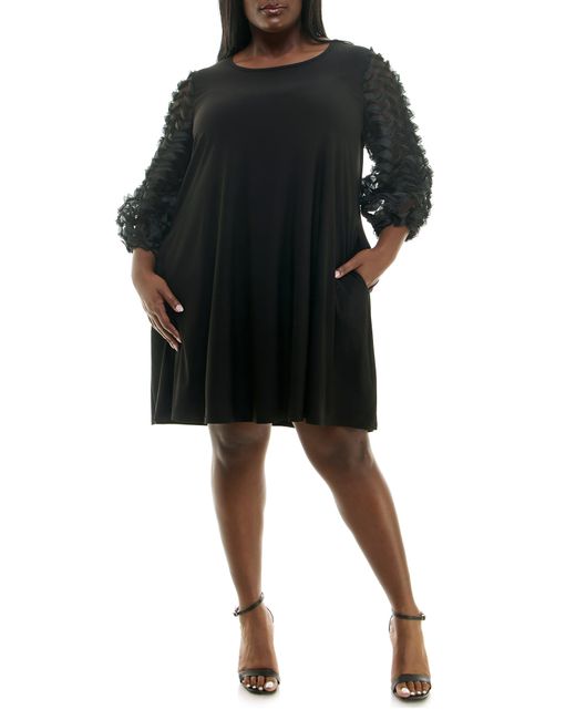 Nina Leonard Black Ruffle Long Sleeve Chiffon Dress