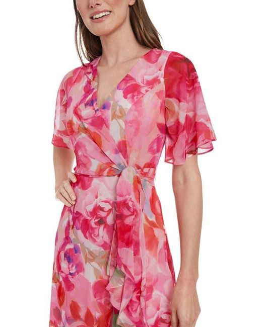 London Times Floral Short Sleeve Faux Wrap Chiffon Maxi Dress in Red | Lyst