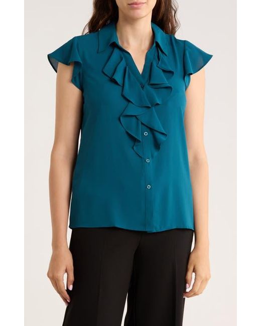Calvin Klein Blue Cap Sleeve Ruffle Front Button-Up Shirt