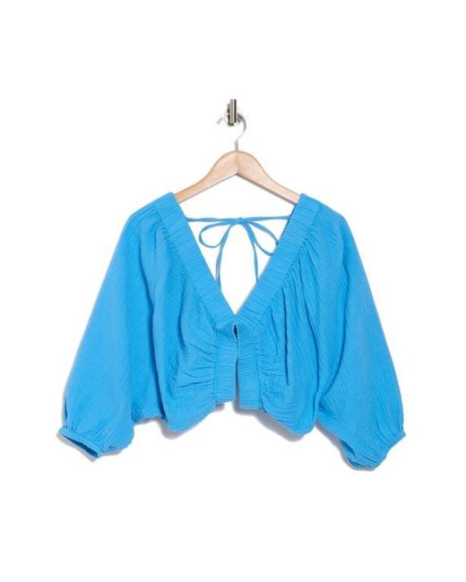 Elan Blue Three-Quarter Balloon Sleeve V-Neck Cover-Up Top