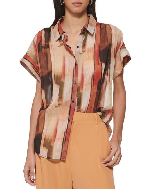 DKNY Brown Metallic Chiffon Short Sleeve Button-up Shirt