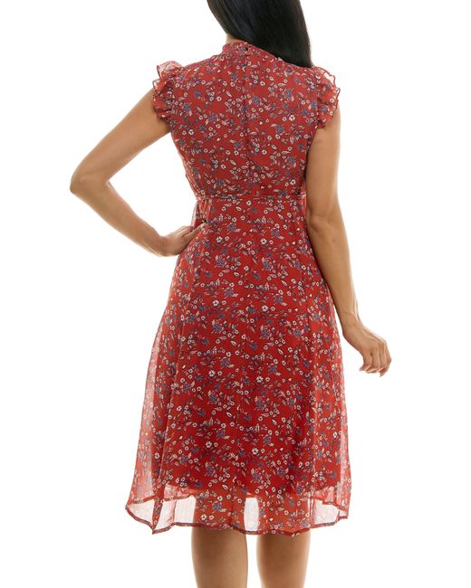 Nina Leonard Red Smock Chiffon Midi Dress