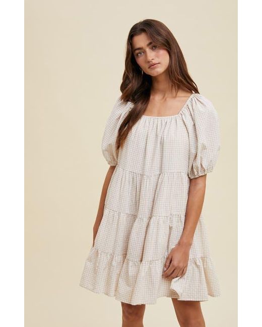 Wishlist Natural Plaid Puff Sleeve Cotton Blend Tiered Minidress