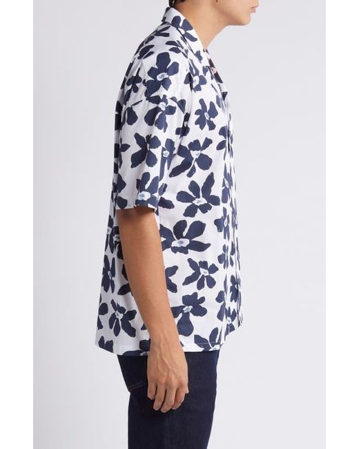 Boss Blue Drew Palm Print Stretch Camp Shirt for men