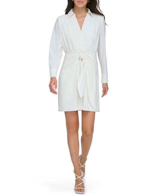 DKNY White Front Tie Long Sleeve Dress