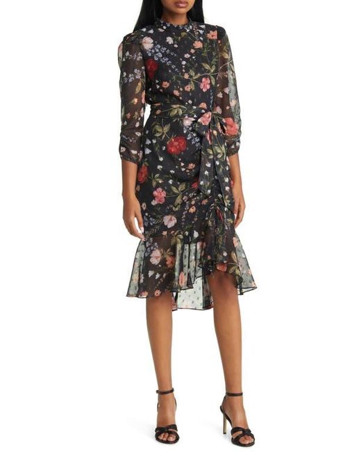 sachin and babi light blue dress Eliza J Floral Metallic Detail Long Sleeve Body-Con Chiffon Dress in Black