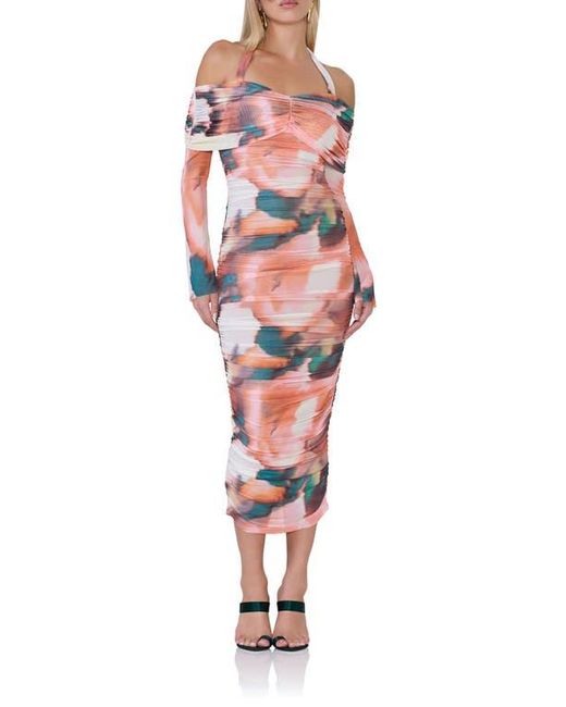 AFRM Red Dreo Abstract Print Cold-Shoulder Long Sleeve Mesh Midi Dress