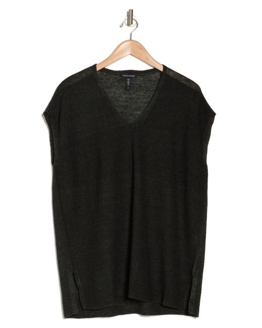 Eileen Fisher Black Short Sleeve V-neck Organic Linen Sweater