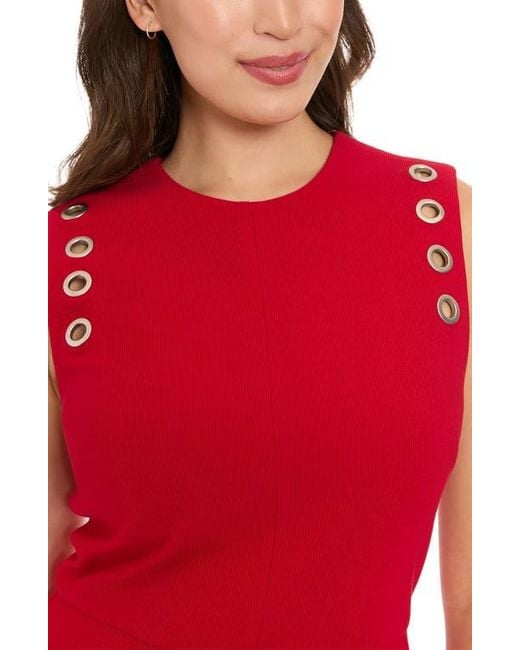 London Times Red Ottoman Grommet Sleeveless Midi Dress