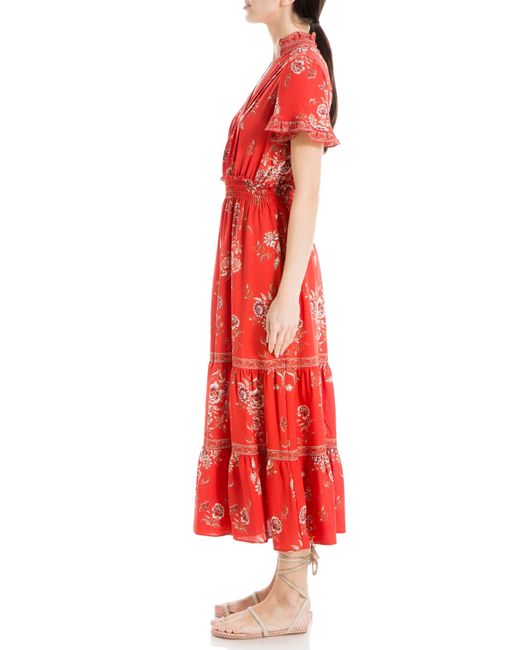 Max Studio Smocked Flutter Sleeve Maxi Dress in Red | Lyst