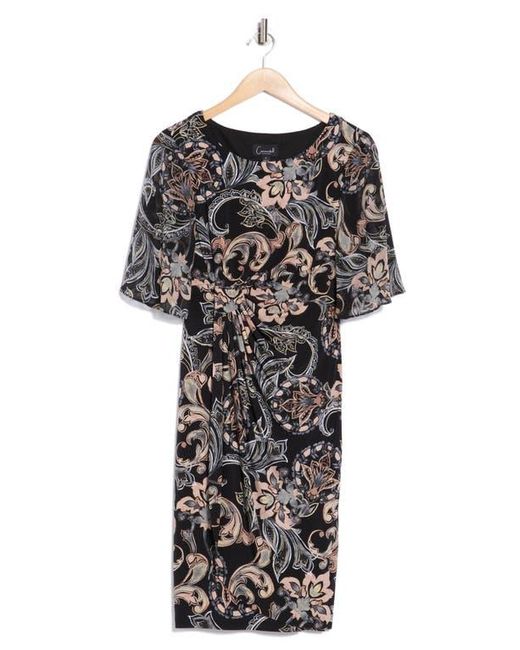 Connected Apparel Black Floral Flutter Sleeve Faux Wrap Dress
