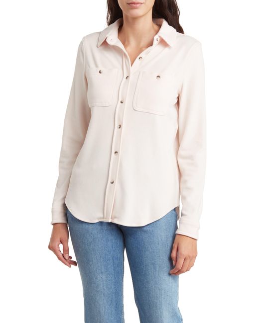 T Tahari White Long Sleeve Brushed Knit Button-up Shirt
