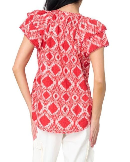 Gibsonlook Red Batik Print Flutter Sleeve Cotton Poplin Top