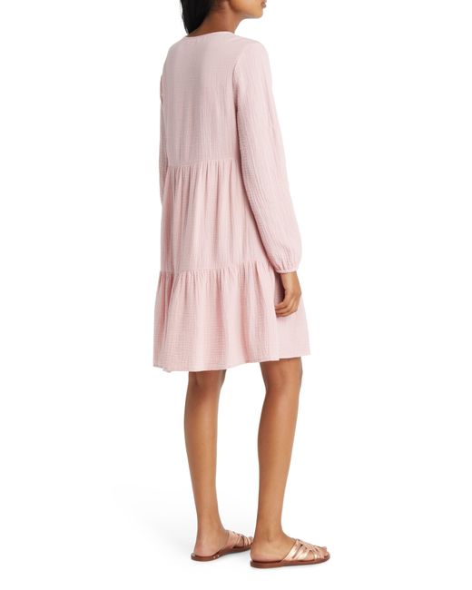 Beach Lunch Lounge Pink Cate Long Sleeve Tiered Cotton Gauze Dress
