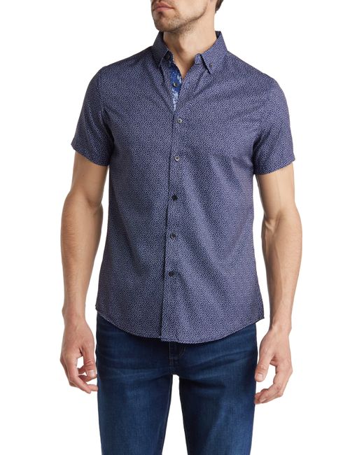 Report Collection Blue Minifloral Short Sleeve Button-down Shirt for men