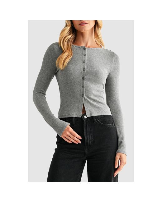 Lush Gray Long Sleeve Button Front Crop Top