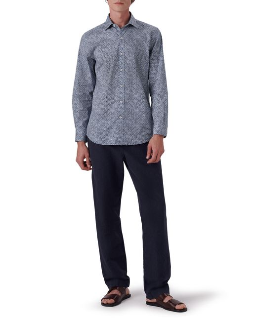 Bugatchi Blue Shaped Fit Clover Print Stretch Cotton Button-up Shirt for men