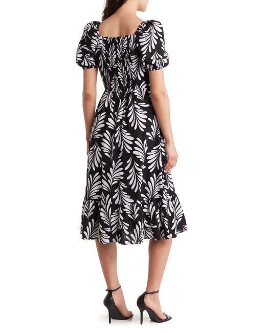 Ellen Tracy Black Puff Sleeve Linen Blend Midi Dress