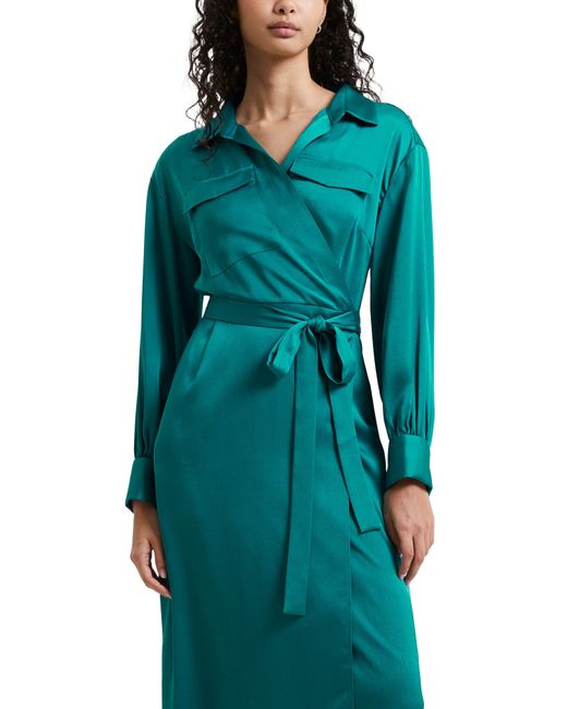 French Connection Green Harlow Long Sleeve Satin Midi Wrap Dress