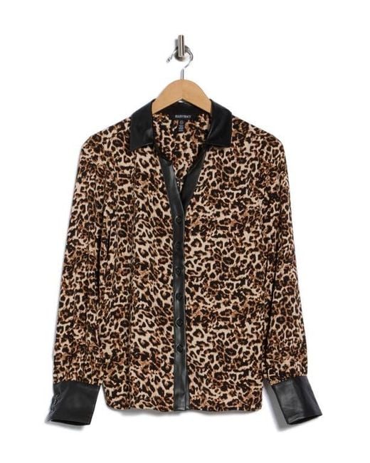 Ellen Tracy Brown Faux Leather Trim Boyfriend Shirt