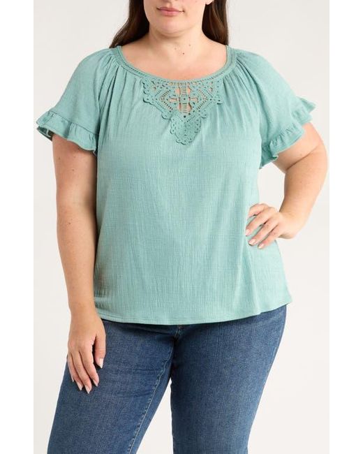 Max Studio Blue Embellished Yoke Flutter Sleeve Top
