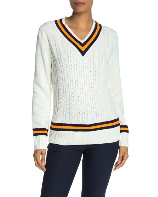 Tommy Hilfiger Cotton Tipped V Neck Varsity Sweater In White Save 26