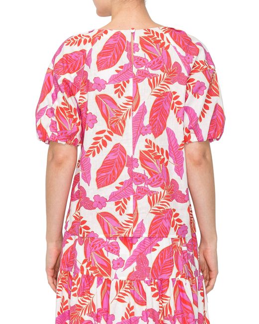 MELLODAY Pink Tropical Print Puff Sleeve Top