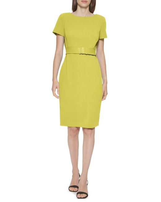 Calvin Klein Short Sleeve Belted Sheath Dress in Yellow | Lyst