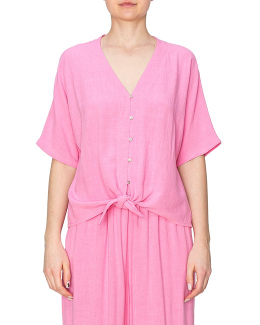 MELLODAY Pink Button Tie Front Top