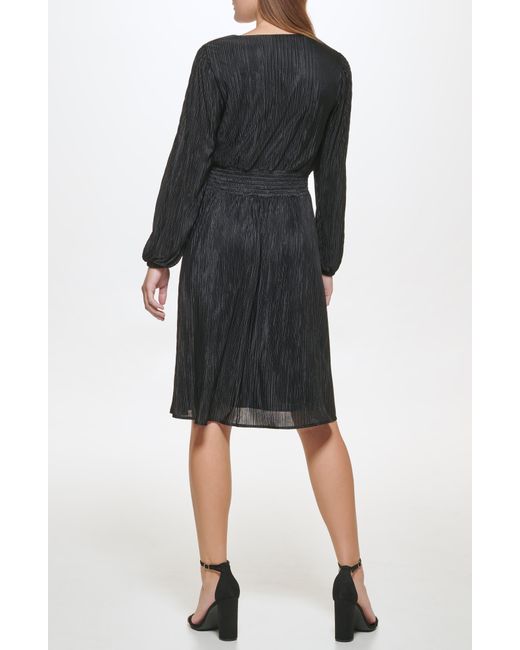 Kensie Black Pleated V-neck Long Sleeve A-line Dress
