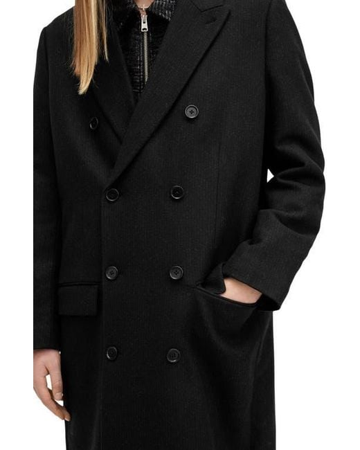 AllSaints Black Arcade Double Breasted Wool Blend Topcoat for men