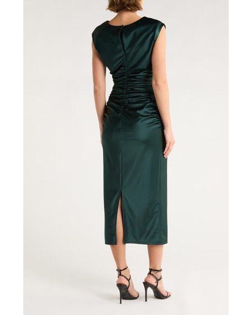 Chelsea28 Green Ruched Cap Sleeve Satin Midi Dress