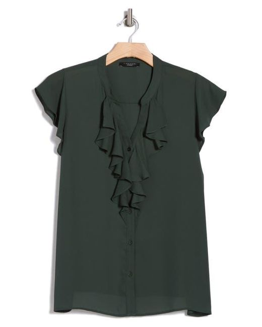 Tahari Green Ruffle Cap Sleeve Button-Up Top