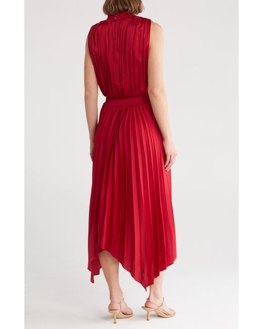 Tahari Red Pleated Mock Neck Sleeveless Dress