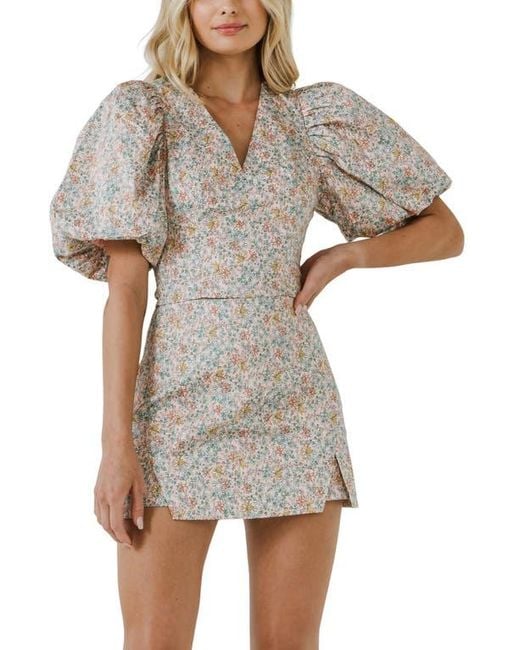 Endless Rose White Floral Print Puff Sleeve Crop Top