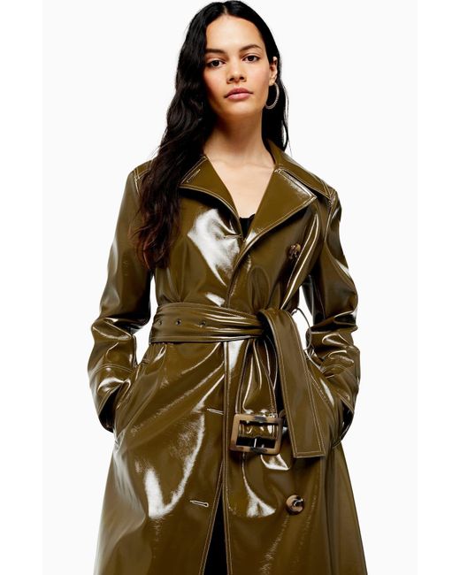 TOPSHOP Vinyl Trench Coat in Olive (Green) - Save 51% - Lyst