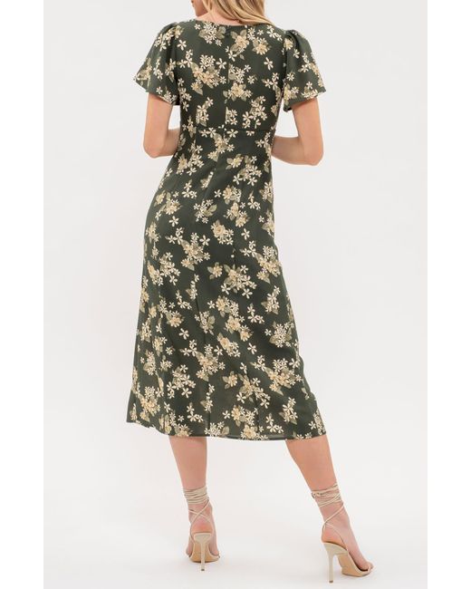 Blu Pepper Green Floral Print Side Slit Midi Dress