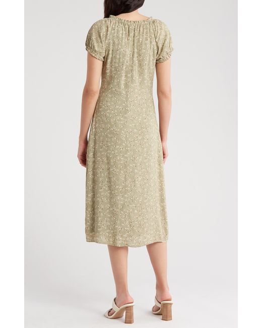 Melrose and Market Natural Floral Tie Keyhole Puff Sleeve Midi Dress