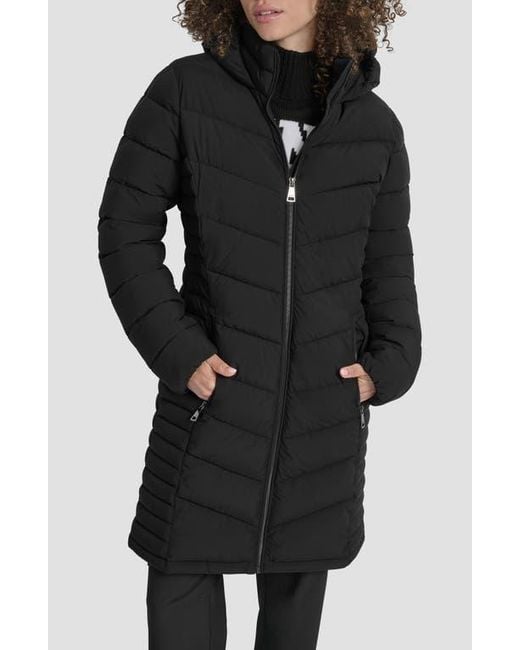 DKNY Black Cire Packable Hooded Longline Puffer Jacket