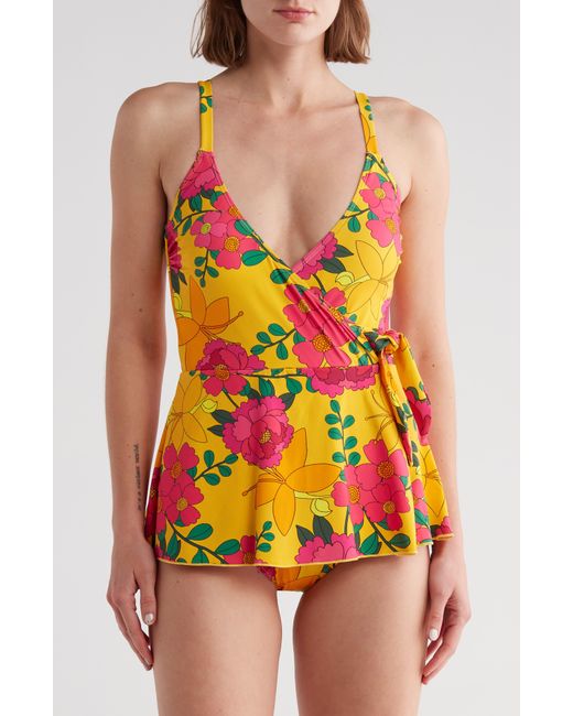 Betsey Johnson Multicolor Floral Faux Wrap Swim Dress