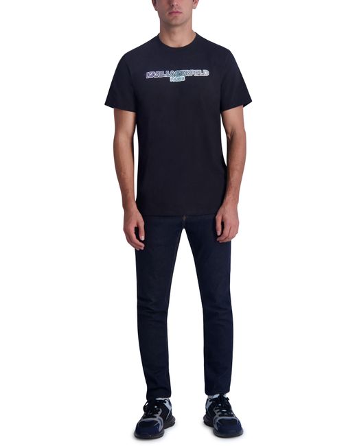 Karl Lagerfeld Blue Flocked Logo Cotton Graphic T-shirt for men