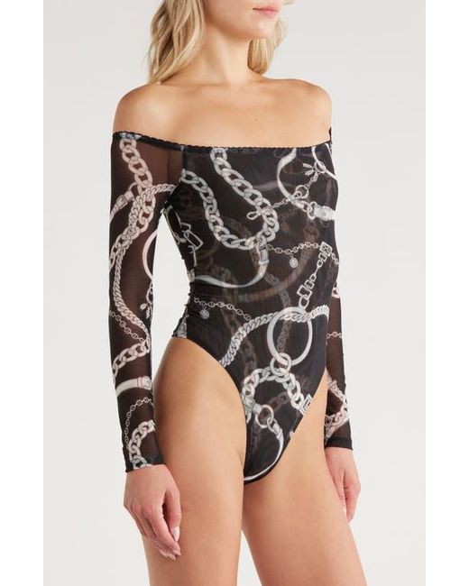 L'Agence Black Peonie Chain Off The Shoulder Mesh Bodysuit