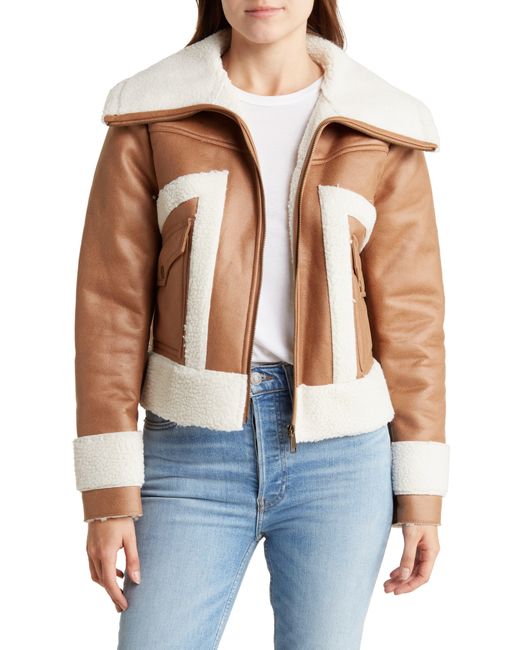 DKNY Blue Mixed Media Faux Leather & Faux Shearling Jacket